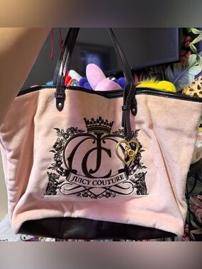 Juicy Couture Pink velvet Tote with Brown Trim and Gold Heart Charm